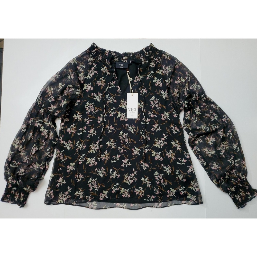 NEW VICI Exclusive X FATE Women's Black Floral Sheer Balloon Sleeve Size Small